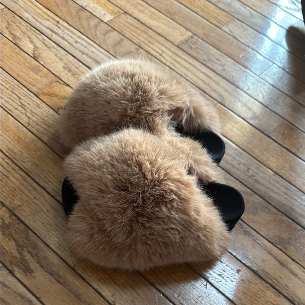 ROAM Faux Fur Slide Slippers in Light Brown with Black Sole